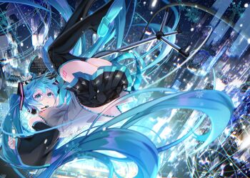 1girl ahoge aqua_eyes aqua_hair aqua_nails aqua_necktie aqua_trim bird black_skirt blush boots breasts building collared_shirt commentary_request detached_sleeves dove fingernails floating floating_hair foot_out_of_frame grey_shirt hair_between_eyes hair_ornament hatsune_miku headphones headset leg_tattoo long_hair long_sleeves looking_at_another looking_up medium_breasts nail_polish necktie night number_tattoo outdoors pleated_skirt scenery shirt skirt skyscraper sleeveless sleeveless_shirt solo tattoo thigh_boots thighhighs twintails tyouya very_long_hair vocaloid wide_sleeves zettai_ryouiki