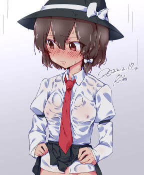 1girl absurdres black_hat black_skirt blush bow brown_eyes brown_hair clothes_lift collared_shirt commentary_request cowboy_shot dated dress_shirt embarrassed hair_bow hat hat_bow highres light_frown long_sleeves necktie nipples no_bra no_panties pleated_skirt rain red_necktie see-through_clothes see-through_shirt shirt shirt_tucked_in short_hair signature skirt skirt_lift solo suzu_keika touhou turning_head usami_renko wet wet_clothes wet_hat wet_shirt white_background white_bow white_shirt