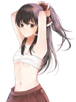 1girl arms_up bow breasts brown_eyes brown_hair chest_sarashi commentary_request frilled_bow frills hair_bow hakurei_reimu highres long_hair looking_at_viewer minatsuki_yurara navel ponytail red_bow sarashi simple_background small_breasts solo stomach touhou tying_hair white_background