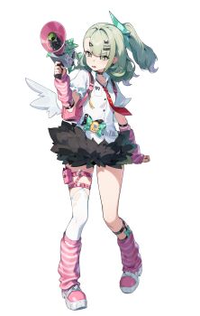 Rule 34 | 1girl, absurdres, arm warmers, backpack, bag, black bow, bow, breast pocket, collared shirt, detached sleeves, dress shirt, full body, green eyes, green hair, hand up, highres, holding, holding megaphone, leg warmers, long hair, loose necktie, loose socks, megaphone, nail polish, necktie, official art, open mouth, pink arm warmers, pink bag, pink leg warmers, pocket, polka dot, polka dot bow, ponytail, puffy short sleeves, puffy sleeves, randoseru, red necktie, shirt, short sleeves, single thighhigh, socks, solo, striped arm warmers, striped clothes, striped leg warmers, striped socks, sunna (zenless zone zero), thigh strap, thighhighs, torn clothes, torn thighhighs, transparent background, two-tone leg warmers, virtual pet (toy), white leg warmers, white shirt, white thighhighs, wings, zenless zone zero