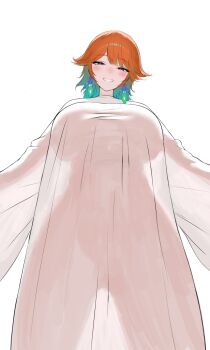 1girl blue_hair blush breasts colored_inner_hair earrings feather_earrings feathers from_below gradient_hair highres hololive hololive_english huge_breasts jewelry looking_at_viewer mulhubs multicolored_hair orange_hair purple_eyes see-through_clothes see-through_silhouette simple_background smile solo takanashi_kiara white_background