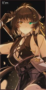 1girl antenna_hair aqua_eyes arm_up bare_shoulders belt belt_pouch black_belt black_dress black_gloves black_hair blake_bloom_(wuthering_waves) breasts cleavage closed_mouth colored_inner_hair commentary cowboy_shot cross-laced_clothes cross-laced_dress cross-laced_top dress earrings female_rover_(wuthering_waves) gloves glowing glowing_eye hair_between_eyes hair_ornament hair_ribbon hairclip heterochromia highres jewelry long_hair looking_at_viewer low_ponytail medium_breasts multicolored_hair parallel_hairclips partially_fingerless_gloves ponytail pouch ribbon rover_(wuthering_waves) sidelocks signature sleeveless sleeveless_dress solo standing standing_on_one_leg triangle_earrings udrxan white_hair wuthering_waves yellow_eyes yellow_ribbon