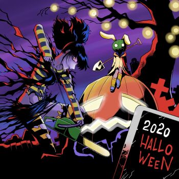 black_lagoon black_lagoon_su014djiya_su014dyu0101_kaitai!_goagoa_musume bunny_the_undertaker chainsaw dead_tree frederica_sawyer halloween highres ida_tatsuhiko jack-o&#039;-lantern shovel tombstone torn_clothes