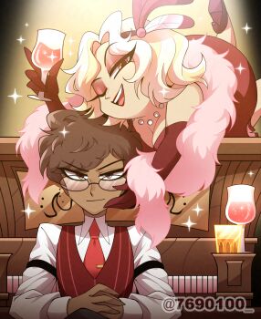 Rule 34 | 1boy, 1girl, ;d, alastor (hazbin hotel), alastor (human) (hazbin hotel), alcohol, bare shoulders, bead necklace, beads, black-framed eyewear, blonde hair, breasts, brown eyes, cleavage, closed mouth, collared shirt, commentary request, cup, dark-skinned male, dark skin, dress, drinking glass, elbow gloves, eyeshadow, fat, fat woman, fewer digits, foot out of frame, glass, glasses, gloves, grand piano, hair behind ear, hand on another's cheek, hand on another's face, hazbin hotel, hellaverse, high heels, highres, holding, holding cup, instrument, jewelry, leg up, long sleeves, looking at viewer, lying, makeup, medium breasts, medium dress, menattou, mimzy (hazbin hotel), mimzy (human) (hazbin hotel), multicolored hair, necklace, necktie, on stomach, one eye closed, open mouth, own hands together, piano, pinstripe pattern, pinstripe vest, red dress, red eyes, red eyeshadow, red gloves, red lips, red necktie, red shoes, red vest, red wine, round eyewear, shirt, shoes, short hair, simple background, sleeveless, sleeveless dress, smile, sparkle, streaked hair, teeth, tongue, twitter username, two-tone hair, upper body, upper teeth only, v-shaped eyebrows, very short hair, vest, vignetting, white hair, white shirt, wine, wine glass, yellow background