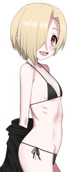 1girl bare_shoulders bikini black_bikini black_jacket blonde_hair breasts clothes_down cowboy_shot earclip fangs from_side hair_over_one_eye halulu highres idolmaster idolmaster_cinderella_girls jacket looking_to_the_side one_eye_covered open_mouth red_eyes ribs shirasaka_koume short_hair side-tie_bikini_bottom simple_background small_breasts smile solo swimsuit tareme white_background