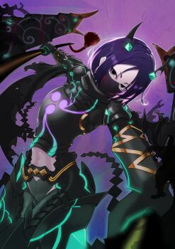 1girl absurdres armor atenderliver black_armor black_bodysuit black_eyes black_scarf bodysuit breasts dou fate/grand_order fate/samurai_remnant fate_(series) hair_ornament highres japanese_armor katana kote looking_at_viewer mask medium_breasts minamoto_no_raikou_(fate) mouth_mask neon_trim ninja parted_bangs purple_hair scarf short_hair shoulder_armor sode solo sword ushi_gozen_(avenger)_(fate) ushi_gozen_(avenger)_(second_ascension)_(fate) ushi_gozen_(fate) ushi_gozen_(fate/samurai_remnant) weapon