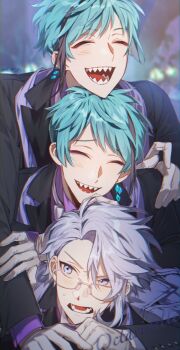 3boys artist_name azul_ashengrotto bishounen black_jacket blue_hair brothers closed_eyes collared_jacket earrings facing_viewer floyd_leech glasses gloves grey_gloves highres human_stacking jacket jade_leech jewelry kitsune_(ly_howe) long_sleeves male_focus multicolored_hair multiple_boys open_mouth purple_background purple_eyes purple_hair sharp_teeth short_hair siblings single_earring streaked_hair teeth twins twisted_wonderland twitter_username upper_body white-framed_eyewear