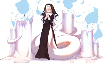 1girl absurdres black_dress black_veil blue_fire candle candle_wax closed_eyes commentary cross dress english_commentary engrish_commentary fire frilled_wrist_cuffs frills full_body highres lamia latin_cross long_dress long_sleeves monster_girl naihe nun original own_hands_clasped own_hands_together peeking praying short_hair side_slit signature snake solo standing tears veil white_hair white_scales white_snake wrist_cuffs