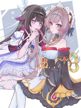 2girls absurdres bare_shoulders black_collar black_dress black_hair blue_eyes blush bonnet breasts brown_hair cleavage closed_mouth collar columbina_(genshin_impact) commentary_request detached_collar detached_sleeves dress english_text feet_out_of_frame frilled_sleeves frills gem genshin_impact hair_ribbon head_wings heart highres holding_another's_hair k_o_m_i long_hair looking_at_another looking_at_viewer multicolored_hair multiple_girls open_mouth pantyhose purple_hair red_gem ribbon sandrone_(genshin_impact) sitting speech_bubble strapless strapless_dress twitter_username white_dress white_pantyhose winding_key wings yuri
