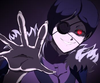 Rule 34 | 1girl, black clover, black coat, black hair, brown shirt, coat, commentary, derxon2, eyelashes, eyepatch, fingernails, fur-trimmed collar, fur trim, glowing, glowing eye, hand up, highres, long fingernails, looking at viewer, naughty face, parted bangs, purple background, reaching, reaching towards viewer, red eyes, shirt, short hair, smile, solo, spade (shape), spanish commentary, upper body, vanica zogratis