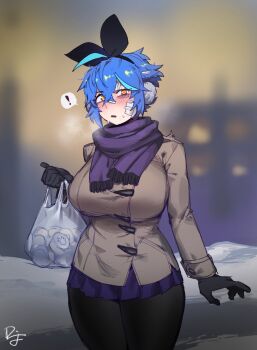 ! 1girl bag bandage_on_face bandages blue_hair breasts bruise bruise_on_face commentary dif_(difman) difman earmuffs english_commentary food gloves green_eyes hair_ribbon highres holding holding_bag injury large_breasts leggings looking_at_viewer original parted_lips pudding ribbon scarf short_hair solo spoken_exclamation_mark very_short_hair winter_clothes