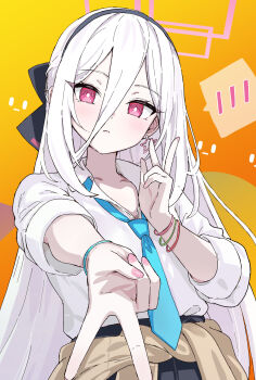 1girl aqua_necktie black_hairband black_skirt blue_archive bright_pupils brown_cardigan cardigan cardigan_around_waist clothes_around_waist commentary_request double-parted_bangs earrings fingernails gyaru gyaru_v hairband halo highres jewelry kei_(blue_archive) kei_(new_body)_(blue_archive) kogal looking_at_viewer nail_polish necktie open_collar pink_eyes pink_nails ringed_eyes school_uniform shirt skirt solo spoken_blush star_(symbol) star_earrings v w white_hair white_pupils white_shirt yucblossom