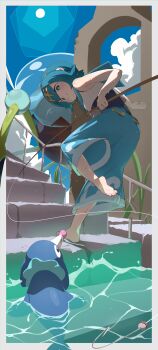 1girl absurdres araquanid bare_shoulders barefoot blue_eyes blue_hair blue_pants border bright_pupils bullet_(bullet0701) commentary_request fishing_rod gen_7_pokemon hairband highres holding holding_fishing_rod korean_commentary lana_(pokemon) looking_at_viewer nintendo no_sclera outside_border pants pokemon pokemon_(creature) pokemon_sm popplio shirt short_hair smile stairs standing standing_on_one_leg swimsuit swimsuit_under_clothes white_border white_shirt yellow_hairband