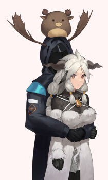 1girl 1other animal animal_on_head antlers arknights black_gloves black_jacket black_sweater brown_eyes commentary cowboy_shot doctor_(arknights) dress fur-trimmed_dress fur_trim gloves grey_background grey_hair highres hood hooded_jacket horns hug hug_from_behind jacket long_hair long_sleeves looking_at_viewer mkrk_mikaerukung off-shoulder_dress off_shoulder on_head ribbed_sweater simple_background standing sweater valais_(arknights) white_dress