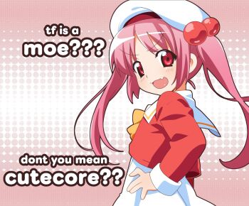 1girl 2000s_(style) :d bk_(barakoodra) blush english_text fang from_side hair_bobbles hair_ornament hand_on_own_hip hat highres looking_to_the_side open_mouth parted_bangs personification pink_hair pinterest pinterest-chan_(barakoodra) red_eyes skin_fang smile solo twintails v-shaped_eyebrows white_hat