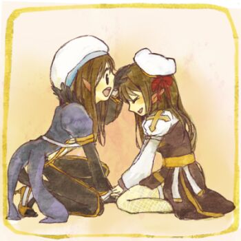 2girls 91s arch_bishop_(ragnarok_online) beret black_dress black_eyes black_gloves black_pants bow brown_hair closed_eyes coat commentary_request cross dress fishnet_thighhighs fishnets full_body gloves grey_coat hat hat_bow headpat juliet_sleeves long_hair long_sleeves lowres multiple_girls open_mouth pants pointy_ears puffy_sleeves ragnarok_online red_bow sash smile thighhighs two-tone_dress warlock_(ragnarok_online) white_dress white_hat white_thighhighs yellow_background yellow_sash