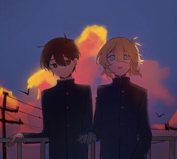 Rule 34 | 2boys, alternate costume, antenna hair, basil (faraway) (omori), basil (omori), bird, black eyes, black hair, blonde hair, blue eyes, blue sky, bright pupils, cloud, commentary request, css021125, day, double-parted bangs, hair between eyes, highres, holding hands, interlocked fingers, male focus, multiple boys, omori, outdoors, power lines, railing, school uniform, short hair, sidelocks, sky, sunny (omori), white pupils, yaoi