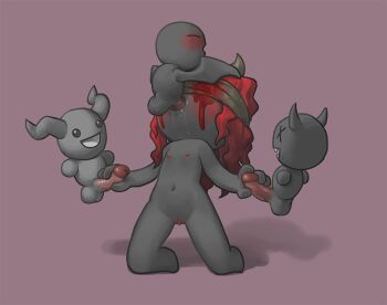 1girl 3boys :d black_skin blindfold blood bloody_tears blush colored_skin completely_nude covered_eyes demon_horns demon_wings flat_chest handjob horns incubus_(the_binding_of_isaac) kneeling lil_brimstone_(the_binding_of_isaac) lilith_(the_binding_of_isaac) loli long_hair multiple_boys navel nipples nude open_mouth oral penis pink_background pussy red_hair shadow simple_background smile testicles the_binding_of_isaac tosx veins veiny_penis wings x_x