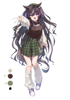 1girl :d absurdres animal_ears aqua_nails bag beret black_shoes brown_sweater casual color_guide commentary_request full_body green_hat green_skirt gyaru_v hair_between_eyes hair_ribbon hat highres holding horse_ears horse_girl horse_tail leg_warmers long_hair long_sleeves looking_at_viewer multicolored_hair open_mouth outstretched_arm pandoa_(mikage0495) plaid_clothes plaid_hat plaid_skirt purple_eyes purple_ribbon ribbon shoes shoulder_bag simple_background skirt smile sneakers solo streaked_hair sweater tail twintails two-tone_hair umamusume v very_long_hair vivlos_(umamusume) weapon white_background white_hair white_leg_warmers white_sleeves