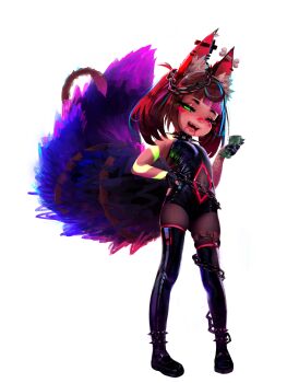 1girl :3 absurdres animal_ear_fluff animal_ear_piercing animal_ears armpit_crease asymmetrical_gloves banknote bare_shoulders belt black_gloves black_leotard black_pantyhose blunt_bangs blush bone_earrings boots brown_hair cat_tail chain clothing_cutout collar commission cross cross_earrings dollar_bill earrings facial_mark fangs female_focus fingerless_gloves fishnet_gloves fishnets fiz-rot flat_chest fox_ears fox_girl fox_tail full_body gloves glowing glowing_tattoo gluteal_fold green_eyes half-closed_eyes hand_on_own_hip hand_up happy highres holding holding_money indie_virtual_youtuber intertwined_tails jewelry large_tail latin_cross layered_gloves leotard loli medium_hair mismatched_gloves money multicolored_hair multiple_tails nail_polish navel navel_cutout neon_trim non-web_source nose_blush nyudachi open_mouth pantyhose pigeon-toed pink_nails pink_trim purple_hair red_eyes seductive_smile shiny_clothes sidelocks simple_background skin_tight skindentation smile solo spiked_boots spiked_collar spikes standing streaked_hair tail tattoo teeth thigh_belt thigh_boots thigh_strap tongue transparent_background two-tone_hair two_tails virtual_youtuber