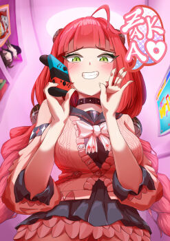 1girl absurdres ahoge black_collar black_skirt blush braid breasts clenched_teeth collar commentary_request green_eyes highres kamanosuke_(zenless_zone_zero) looking_at_viewer medium_breasts nintendo_switch nuwetewi224 pink_shirt raccoon shirt skirt speech_bubble teeth twin_braids ukinami_yuzuha zenless_zone_zero