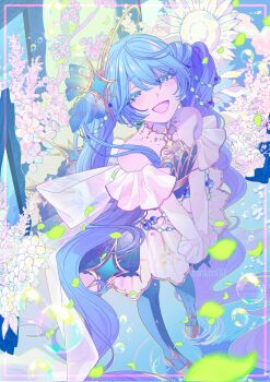 Rule 34 | 1girl, artist name, bare shoulders, beads, black shirt, blue eyes, blue gloves, blue hair, blue pantyhose, brown shoes, colored eyelashes, crop top, detached sleeves, diamond hair ornament, flats, flower, frilled sleeves, frills, full body, gloves, gold necklace, hair beads, hair between eyes, hair ornament, half-closed eyes, happy, hashtag-only commentary, hatsune miku, highres, jewelry, long hair, long sleeves, looking at viewer, loose hair strand, medium skirt, midriff, necklace, open mouth, outdoors, own hands together, pantyhose, petals, pink flower, pink rose, pleated skirt, reean, ripples, rose, rose petals, shadow, shirt, shoes, skirt, sleeves past wrists, smile, solo, standing, standing on liquid, strapless, strapless shirt, sunflower, twintails, very long hair, vocaloid, water, watermark, white flower, white rose, white skirt, white sleeves