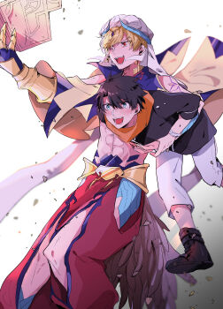 2boys abs absurdres armor baggy_pants bare_shoulders belt bit_(8115894) black_boots black_hair black_shirt blonde_hair blue_eyes blue_vest blush book boots capelet carrying carrying_person chain circlet collared_shirt commentary_request cowboy_shot crying crying_with_eyes_open earrings fang fate/grand_order fate_(series) fingernails floating_clothes fujimaru_ritsuka_(male) fujimaru_ritsuka_(male)_(true_ether_chaldea_uniform) fur_trim gauntlets gem gilgamesh gilgamesh_(caster)_(fate) gilgamesh_(fate) gold_armor gold_belt gold_chain gold_earrings hair_between_eyes hand_on_another's_chest hand_up highres holding holding_book horns japanese_armor jewelry kote kurokote long_sleeves looking_at_object male_focus multiple_boys muscular muscular_male navel open_book open_clothes open_mouth open_vest orange_scarf pants purple_gem red_eyes red_pants scarf shirt short_hair shoulder_tattoo simple_background single_gauntlet smile standing tattoo tears teeth tongue turban v-shaped_eyebrows veil vest white_background white_pants white_turban white_veil wristband yellow_capelet
