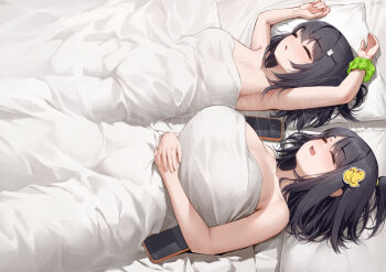 2girls armpits arms_up bed_sheet black_hair breasts cellphone closed_eyes duck_hair_ornament gao_(gaolukchup) green_scrunchie hair_ornament large_breasts loogchoob_(gaolukchup) multiple_girls on_bed open_mouth original phone rabbit_hair_ornament sample_watermark scrunchie siblings sisters sleeping small_breasts smartphone watermark