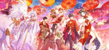 1girl 5boys :d ;d ^_^ aerial_fireworks ankle_garter architecture armor black_cape black_eyes black_hair black_pants black_robe blue_eyes bracelet braid brown_shorts building cape changpao china_dress chinese_clothes chinese_knot cloak closed_eyes closed_mouth coat double_bun dr.k dress dress_flower east_asian_architecture feather_boa feet_out_of_frame female_master_(the_tale_of_food) fireworks flower fur-trimmed_cape fur-trimmed_cloak fur-trimmed_coat fur-trimmed_shorts fur_trim hair_between_eyes hair_bun hair_flower hair_ornament hair_stick half_updo hammer hanfu highres holding holding_flower holding_hammer holding_hands holding_lantern horn_flower horns jacket jewelry jumping lantern long_hair long_sleeves looking_at_animal looking_at_another looking_at_flowers male_master_(the_tale_of_food) medium_hair multiple_boys new_year new_year_fish_(the_tale_of_food) nian_gao_(the_tale_of_food) night oil-paper_umbrella one_eye_closed open_clothes open_coat open_mouth outdoors pants parted_bangs paw_shoes pelvic_curtain plant purple_flower purple_hair qilin_(mythology) red_coat red_dress red_flower red_jacket robe shirt short_hair shorts shoulder_armor side_cape single_braid single_hair_bun sitting sleeveless sleeveless_dress smile standing stole tangzhuang tassel the_tale_of_food tower_of_delicacy_(the_tale_of_food) tree_horns tusu_elixir_(the_tale_of_food) two-sided_coat two-sided_fabric umbrella walking wheelchair white_cloak white_coat white_robe white_shirt wide_sleeves wrist_cuffs yellow_flower