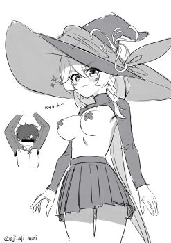 aji_aji_nori blue_archive bow bowtie braid breasts breasts_out censored censored_identity censored_nipples clothes_lift eri_(blue_archive) halo hat highres long_hair orange_eyes shirt skirt star_(symbol) sweater sweater_lift white_hair witch_hat