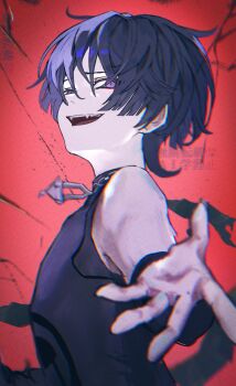 1boy aromuromu66 black_shirt blue_eyes blue_hair commentary_request genshin_impact highres jewelry male_focus necklace open_mouth outstretched_arm outstretched_hand red_background scaramouche_(genshin_impact) shirt single_bare_shoulder solo teeth upper_body upper_teeth_only wanderer_(genshin_impact) watermark wolf_cut