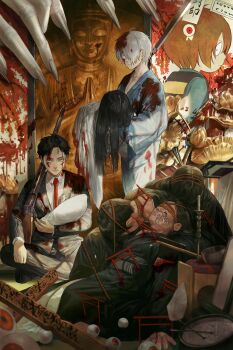 2girls 5boys absurdres after_battle baby baby_carry black_eyes black_hair bleeding blood blood_on_clothes blood_splatter blue_kimono blue_sweater blurry blurry_foreground brown_hair buddha buddhism carrying carrying_person character_request check_spoilers claws closed_mouth commentary_request constricted_pupils corpse fusuma gegege_no_kitarou gun hair_over_one_eye highres ikuta41 incense_burner indian_style japanese_clothes kimono kitarou kitarou_tanjou:_gegege_no_nazo looking_at_viewer medama_oyaji_(human) mini_torii mizuki_(gegege_no_kitarou) multiple_boys multiple_girls obi on_floor one_eye_covered over_shoulder pile_of_corpses princess_carry red_eyes rifle rope sash scar scar_across_eye scar_on_face serious short_hair sitting sliding_doors spoilers standing statue striped_clothes striped_vest sweater talisman translation_request vest weapon weapon_over_shoulder white_hair white_kimono yukata