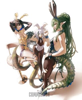 3girls :o absurdres ahoge alternate_costume animal_ears ankle_boots arknights armpits arms_behind_head bare_shoulders black_gloves black_hair black_wrist_cuffs blue_boots blue_eyes blue_hair boots bow bowtie breasts brown_pantyhose chair cleavage colored_inner_hair commentary commission crocodile_girl crocodilian_tail elbow_gloves eunectes_(arknights) fake_animal_ears full_body gandy_(gan3e46) gavial_(arknights) gloves green_hair hair_between_eyes hair_over_shoulder hand_on_own_hip hand_up high_heels highres large_breasts leaning_forward legs leotard long_hair looking_at_viewer medium_hair multicolored_hair multiple_girls necktie open_mouth pantyhose parted_lips pointy_ears ponytail rabbit_ears shoes short_necktie simple_background sleeveless small_breasts snake_tail standing tail teeth thigh_gap thigh_strap thighs tomimi_(arknights) torn_clothes torn_pantyhose two-tone_hair upper_teeth_only white_background white_gloves white_hair white_necktie wrist_cuffs yellow_bow yellow_bowtie yellow_eyes yellow_leotard yellow_shoes