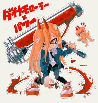 Rule 34 | 1girl, alternate species, artist name, black necktie, black pants, chainsaw man, commentary, cross-shaped pupils, demon girl, demon horns, full body, hair between eyes, highres, holding, holding paint roller, horns, ice morinaka, jacket, long hair, long sleeves, necktie, nintendo, octoling, paint roller, pants, power (chainsaw man), red horns, shirt partially tucked in, simple background, smile, solo, splat roller (splatoon), splatoon (series), splatoonification, standing, symbol-only commentary, symbol-shaped pupils, tentacle hair