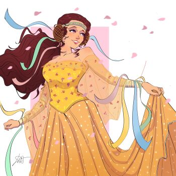 Rule 34 | 1girl, artist request, blossoms, breasts, brown hair, closed mouth, digitalart, female focus, highres, large breasts, long hair, padme amidala, purple eyes, smile, star wars, star wars: attack of the clones, text focus