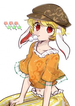 1girl blonde_hair brown_hat commentary dango flat_cap floppy_ears food hat highres looking_at_viewer midriff mouth_hold navel orange_shirt pants puffy_short_sleeves puffy_sleeves red_eyes ringo_(touhou) sanshoku_dango shirt short_hair short_sleeves simple_background skewer solo striped_clothes striped_pants tama_(hiroshige_36) touhou twitter_username vertical-striped_clothes vertical-striped_pants wagashi white_background yellow_pants