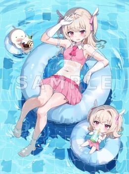 1girl afloat ascot barefoot belt blonde_hair blush breasts chibi commentary_request covered_navel cup drinking_straw elbow_gloves food full_body gabuchi gloves hair_ornament highres holding innertube long_hair looking_at_viewer multiple_views navel one-piece_swimsuit original partially_submerged pink_eyes pink_skirt pleated_skirt red_eyes sample_watermark skirt small_breasts swim_ring swimsuit two_side_up water watermark wet white_gloves