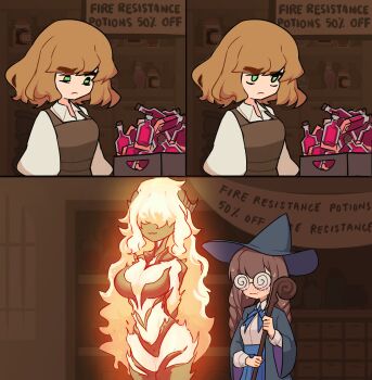 3girls :3 absurdres blush breasts brown_hair buying_condoms centurii-chan coke-bottle_glasses comic covered_eyes elemental_(creature) embarrassed english_text fire_elemental flame_atronach frown glasses green_eyes hair_over_eyes hat highres implied_yuri jitome large_breasts long_hair mage_staff medium_hair multiple_girls nervous original potion realda_(vibrantrida) shop smile staff sweat the_elder_scrolls wizard wizard_hat