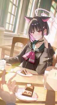 1girl 1other absurdres animal_ears black_choker black_hair black_jacket blue_archive blush cake cake_slice cat_ears cat_girl choker closed_mouth coffee commentary_request extra_ears flatshi food green_sailor_collar halo highres indoors jacket kazusa_(blue_archive) looking_at_viewer neckerchief pink_hair pink_halo pink_neckerchief pov red_eyes sailor_collar short_hair sweatdrop