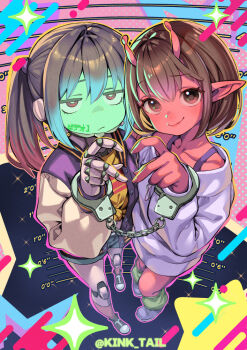2girls antennae artist_name brown_eyes brown_hair cuffs denim denim_shorts dress foreshortening green_socks handcuffs heart heart_hands heart_hands_duo jacket joints kink_(tortoiseshell) kneehighs kujo_chiharu kurusu_makina_(milky_galactic_universe) long_hair looking_at_viewer milky_galactic_universe milky_subway multiple_girls pink_socks pink_sweater pointy_ears purple_jacket robot_girl robot_joints shirt shoes shorts smile socks standing sweater sweater_dress twintails yellow_shirt