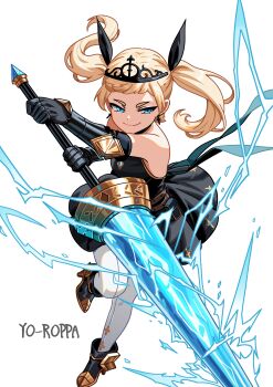 1girl absurdres artist_name bare_shoulders black_boots black_dress black_gloves black_ribbon blonde_hair blue_eyes boots borrowed_character commentary cressey_(porforever) cross cross_earrings dot_(yo_roppa) dress earrings english_commentary gloves hair_ribbon high_heel_boots high_heels highres jewelry lance lightning long_hair looking_at_viewer original pantyhose polearm ribbon simple_background smile solo tiara twintails vambraces weapon white_background white_pantyhose