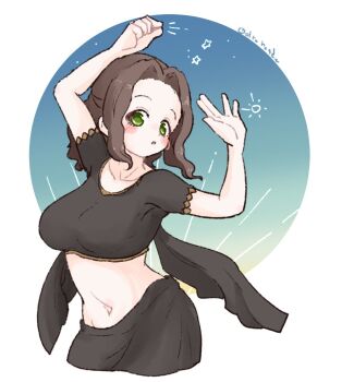 1girl arms_up black_shirt black_skirt blush_stickers breasts brown_hair commentary_request cropped_legs forehead green_eyes large_breasts long_hair looking_at_viewer navel olto_rondo original parted_lips shirt short_sleeves skirt solo star_(symbol) stomach