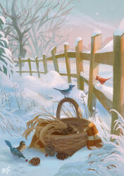 Rule 34 | animal, bare tree, basket, berry, bird, bird footprints, bird request, commentary, english commentary, fence, footprints, maxine vee, nature, no humans, original, outdoors, pinecone, plant, scarf, scenery, signature, snow, snowing, tree, unworn scarf, winter