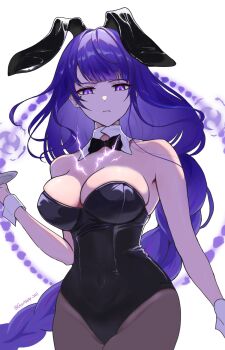 1girl alternate_costume animal_ears armpit_crease artist_name bare_shoulders black_bow black_bowtie black_pantyhose blunt_bangs bow bowtie braid breasts cleavage closed_mouth collarbone commentary detached_collar electricity english_commentary eyeliner fake_animal_ears formal_clothes genshin_impact giantbaby_2021 glowing glowing_eyes gradient_hair headband highres holding holding_tray huge_breasts long_braid looking_at_viewer makeup mitsudomoe_(shape) mole mole_under_eye multicolored_hair pantyhose playboy_bunny purple_eyes purple_hair rabbit_ears rabbit_girl raiden_shogun red_eyeliner shade single_braid standing suit tomoe_(symbol) tray upper_body white_background wrist_cuffs