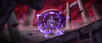 1girl absurdres blunt_bangs blurry blurry_background braid breasts bridal_gauntlets chuansuyushan cleavage closed_mouth commentary_request electricity expressionless eye_symbol full_body genshin_impact glowing glowing_sword glowing_weapon hair_ornament highres holding holding_sword holding_weapon japanese_clothes kimono long_braid looking_at_viewer moon musou_isshin_(genshin_impact) off_shoulder powering_up purple_eyes purple_hair purple_kimono purple_thighhighs raiden_shogun red_background red_moon red_sash red_sky sash shade single_braid sky solo standing sword thighhighs weapon