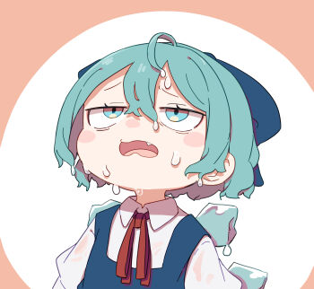 Rule 34 | 1girl, absurdres, ahoge, blue bow, blue dress, blue eyes, blue hair, blush stickers, bow, cirno, collared shirt, commentary request, dress, hair bow, highres, ice, ice wings, kame (kamepan44231), neck ribbon, open mouth, pinafore dress, portrait, red ribbon, ribbon, shirt, short hair, sleeveless, sleeveless dress, solo, sweat, touhou, white background, white shirt, wings