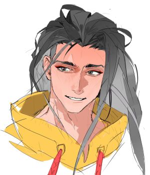 Rule 34 | 1boy, black hair, cropped shoulders, drawstring, earrings, eyeliner, grey eyes, hair down, highres, hwgpde0ixptzxt3, jacket, jamie siu, jewelry, long hair, looking to the side, makeup, male focus, piercing, portrait, red eyeliner, sideways glance, simple background, sketch, smile, solo, street fighter, street fighter 6, stud earrings, white background, yellow jacket