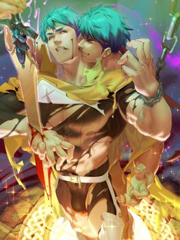 2boys absurdres bara blood blood_on_face blue_hair bulge chain chained_wrists chiizu_namasu clenched_teeth commentary dual_persona english_commentary fire_emblem fire_emblem:_path_of_radiance fire_emblem:_radiant_dawn fire_emblem_heroes headband highres holding holding_sword holding_weapon ike_(brave_mercenary)_(fire_emblem) ike_(brave_mercenary)_(resplendent)_(fire_emblem) ike_(fire_emblem) ike_(zeal_unleashed)_(fire_emblem) impaled injury magic_circle male_focus multiple_boys muscular muscular_male nintendo official_alternate_costume paid_reward_available ragnell red_eyes selfcest short_hair sword teeth torn_clothes variant_set veins weapon yaoi