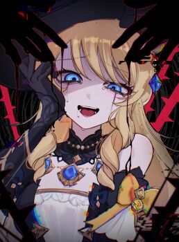 1girl ama_some_(kr0ri) black_choker black_gloves blonde_hair blue_eyes blue_gem choker crying detached_sleeves drill_hair drill_sidelocks gem genshin_impact glitch gloves gold_trim hand_on_own_head highres long_hair navia_(genshin_impact) open_mouth sidelocks streaming_tears tears upper_body vision_(genshin_impact) watermark