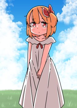 1girl alternate_costume blonde_hair blue_sky blush bow closed_mouth cloud collarbone commentary_request dress embarrassed grass hair_bow highres outdoors red_bow red_eyes roco_(katsuya1011) rumia sky solo touhou white_dress